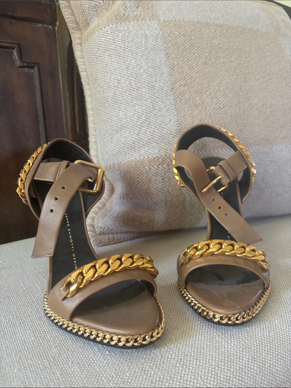 Giuseppe Zanotti Brown Wedge Sandals with Gold Chain Trim